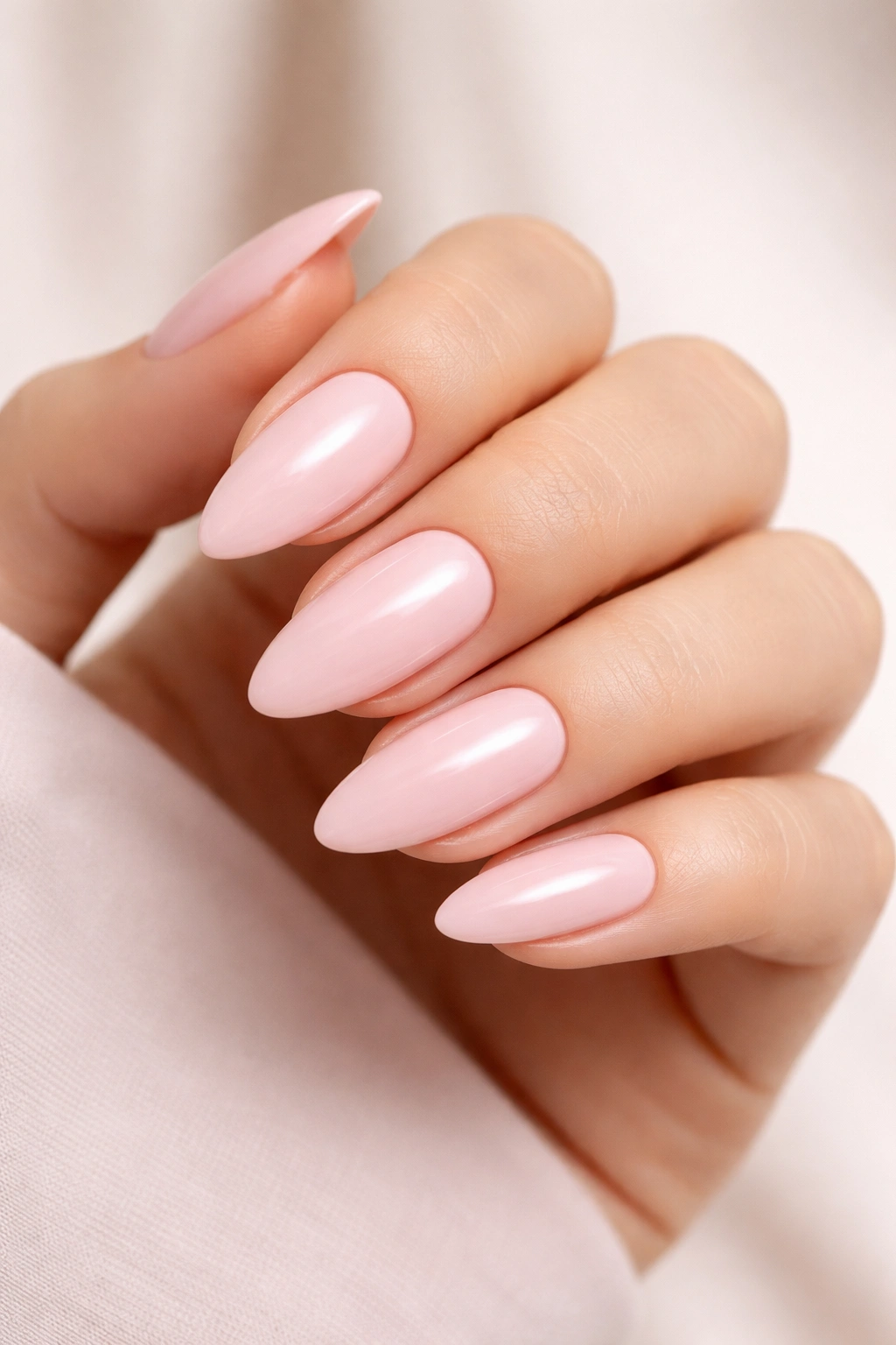 Close-up of elegant baby pink acrylic nails on almond shape