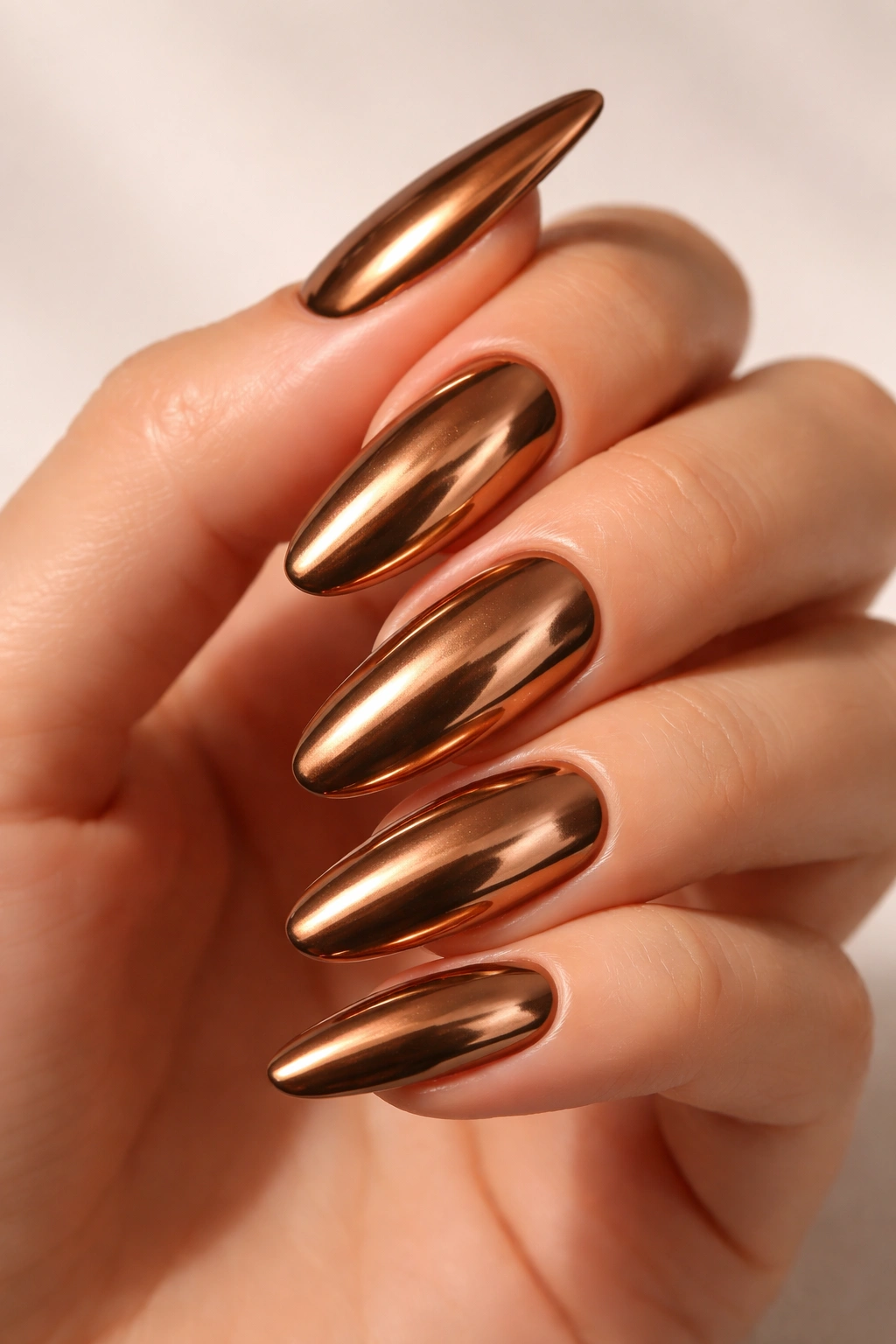 Close-up of Classic Solid Bronze Chrome nails with mirror finish on a hand
