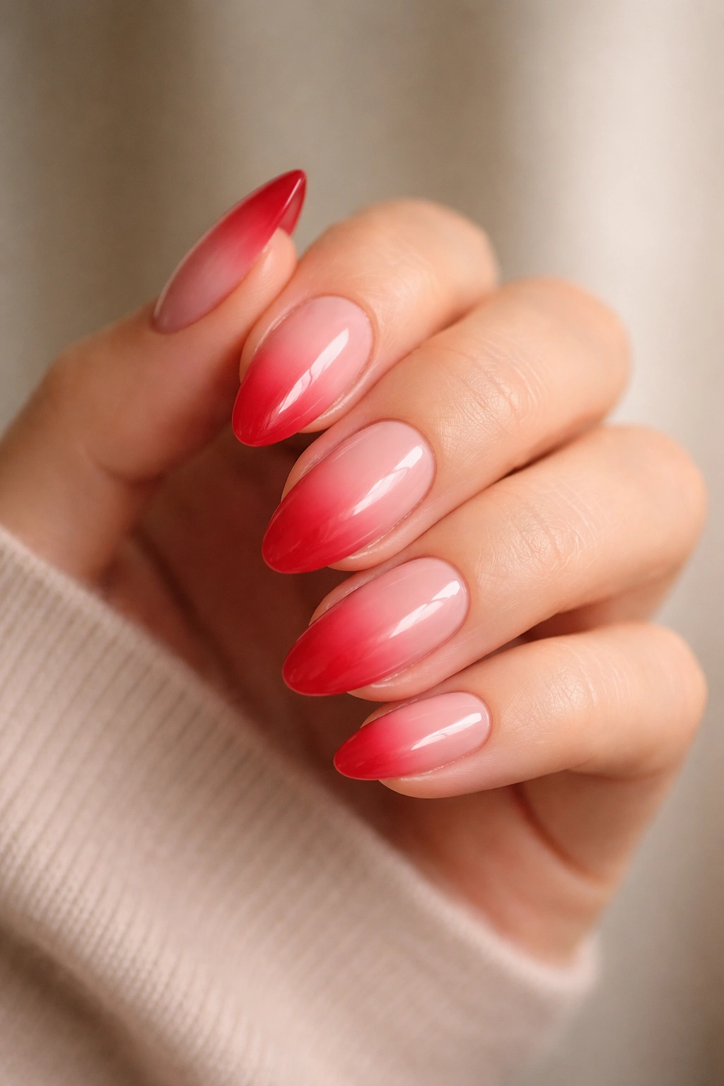 Close-up of almond nails with nude-to-cherry ombre on a hand
