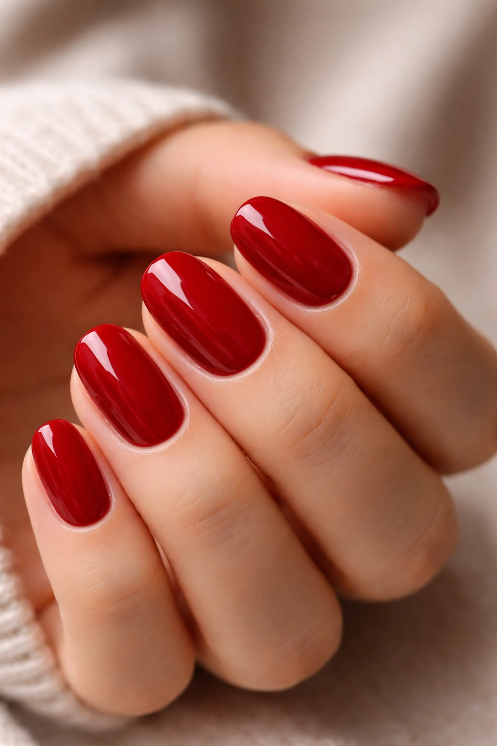 Close-up of short oval nails in cherry red