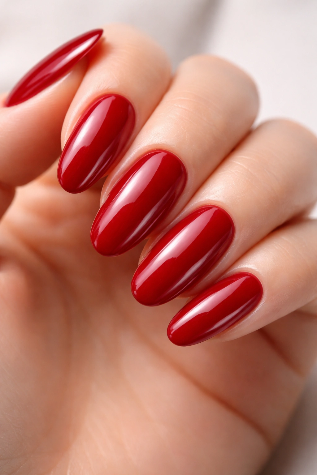 Close-up of long round nails with glossy cherry red polish and high shine