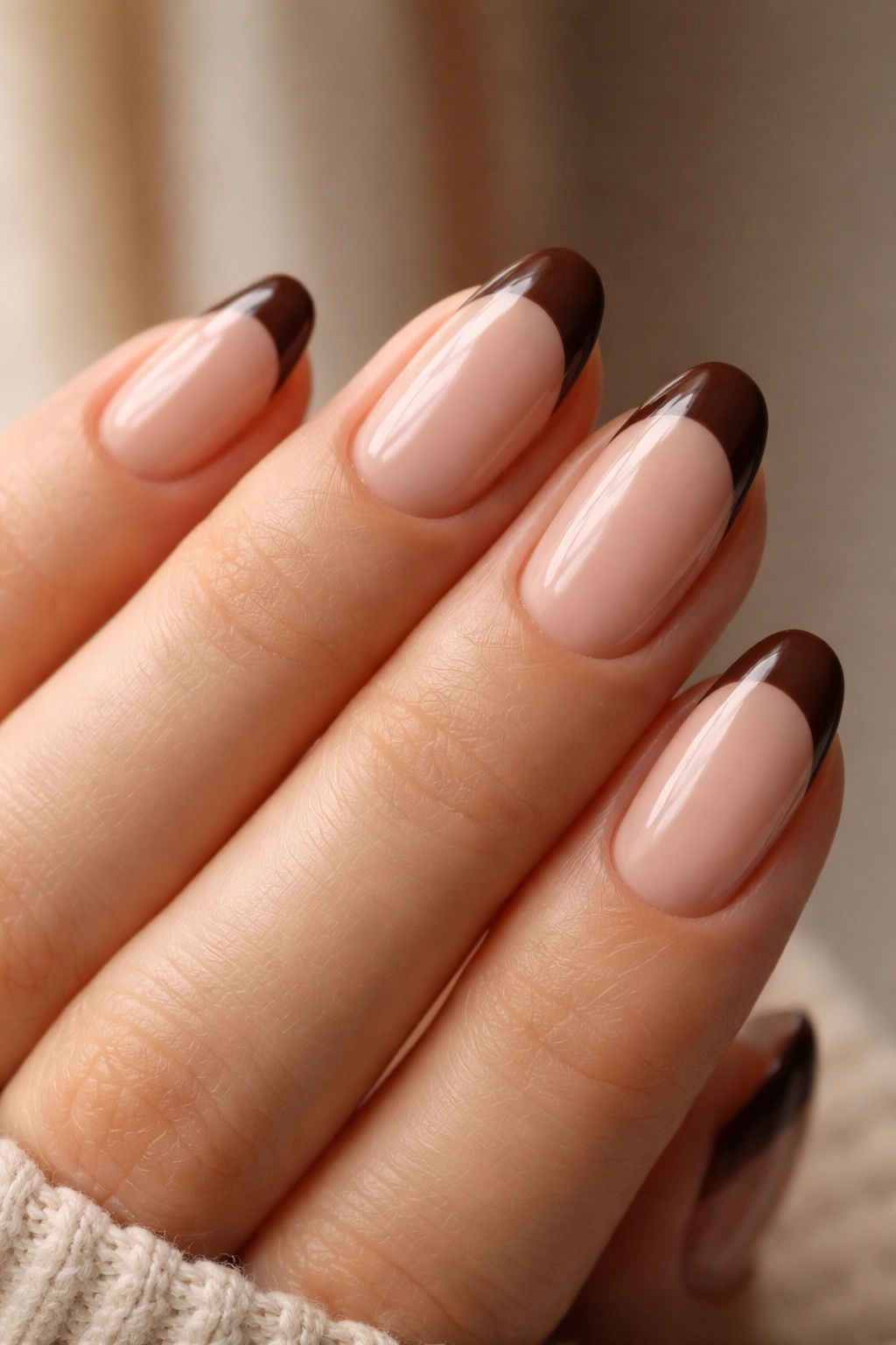 Close-up of a hand with short almond nails featuring classic chocolate brown French tips on a nude base