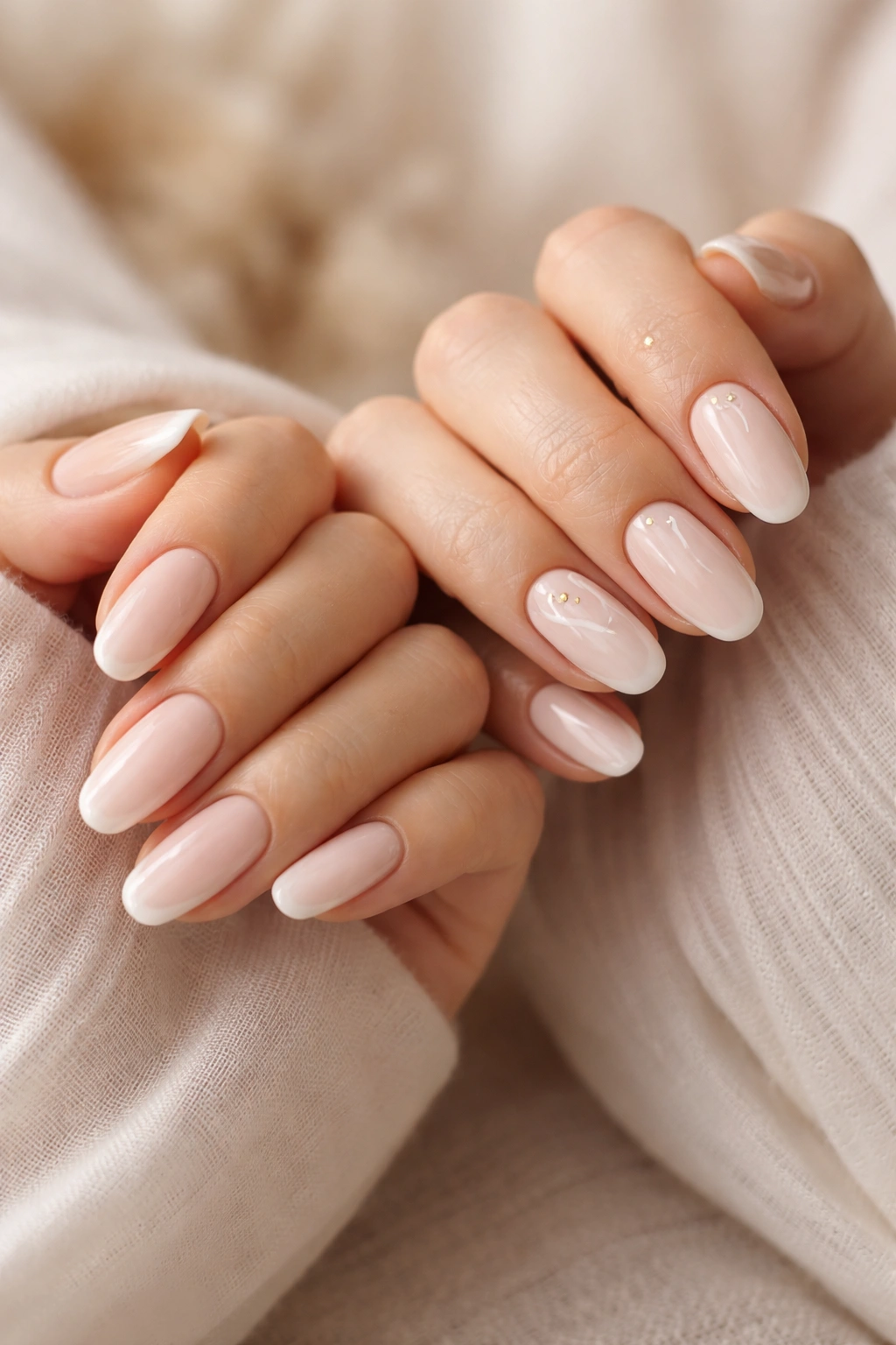 Two hands with classic coordinated nude-toned manicures in close-up