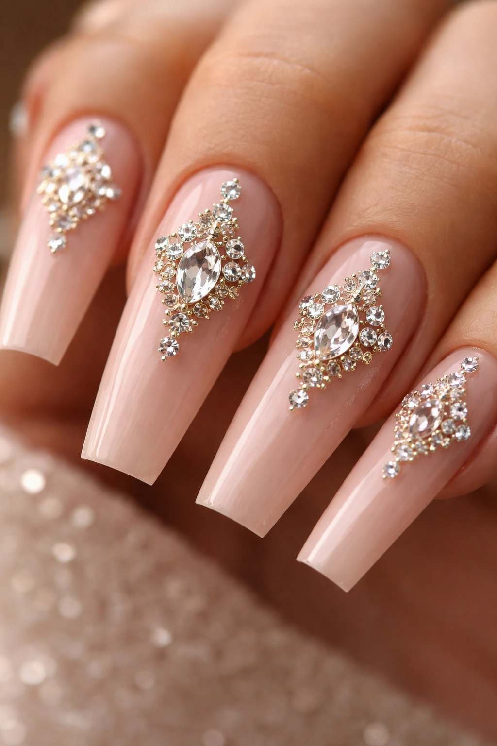 Close-up of coffin nail with centered diamond rhinestone cluster on nude base