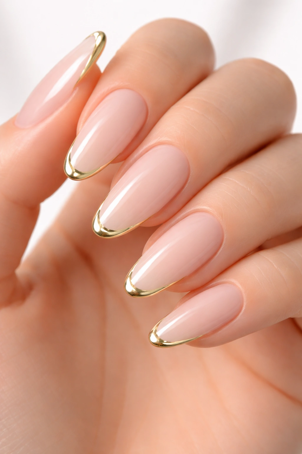 Close-up ivory French manicure on long oval nails with gold tip line