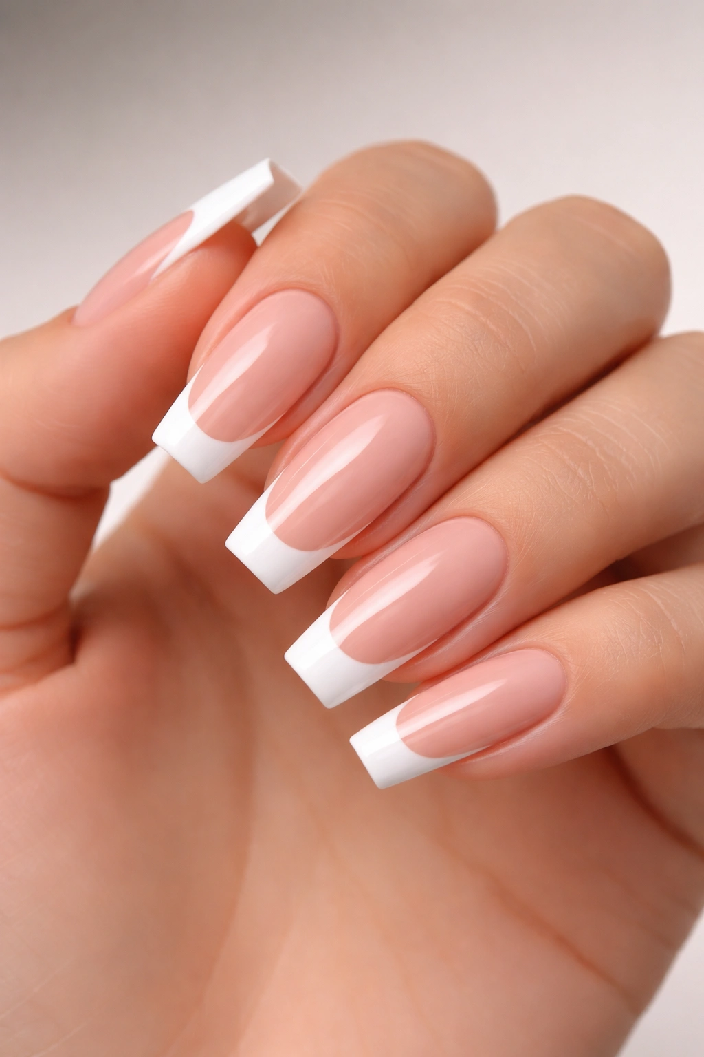 Close-up of Classic French Manicure on medium coffin nails with nude base and white tips