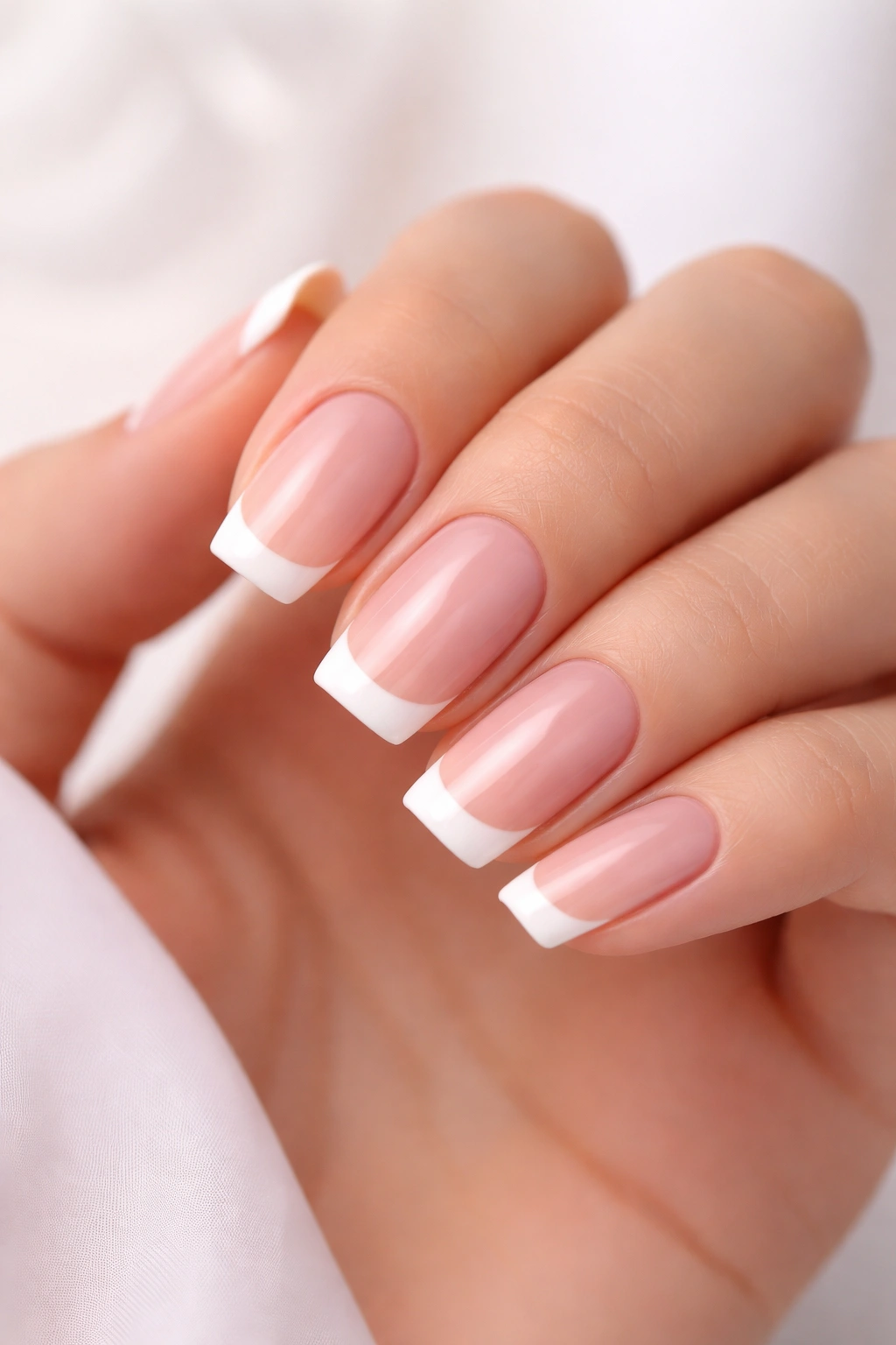 Hand with classic French manicure showing sheer pink base and white tips