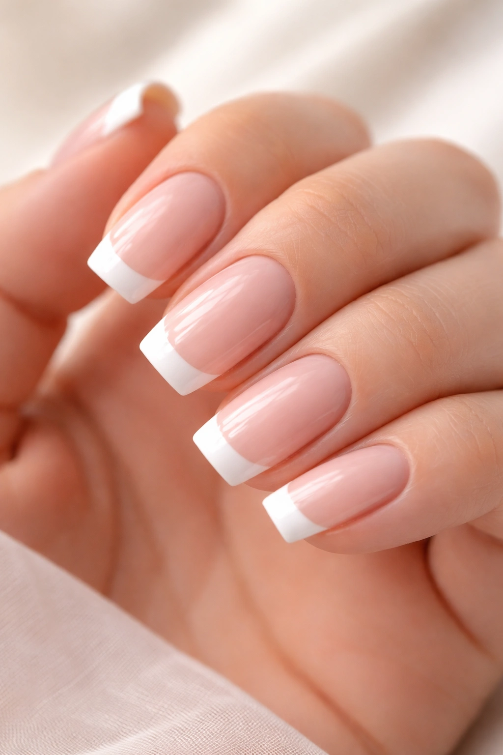 Close-up of nails showing a classic French manicure with pink base and white tips
