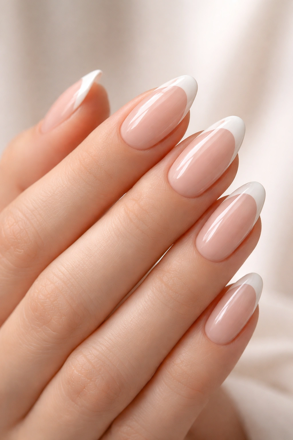 Close-up of Classic French Manicure nails with sheer pink base and white tips