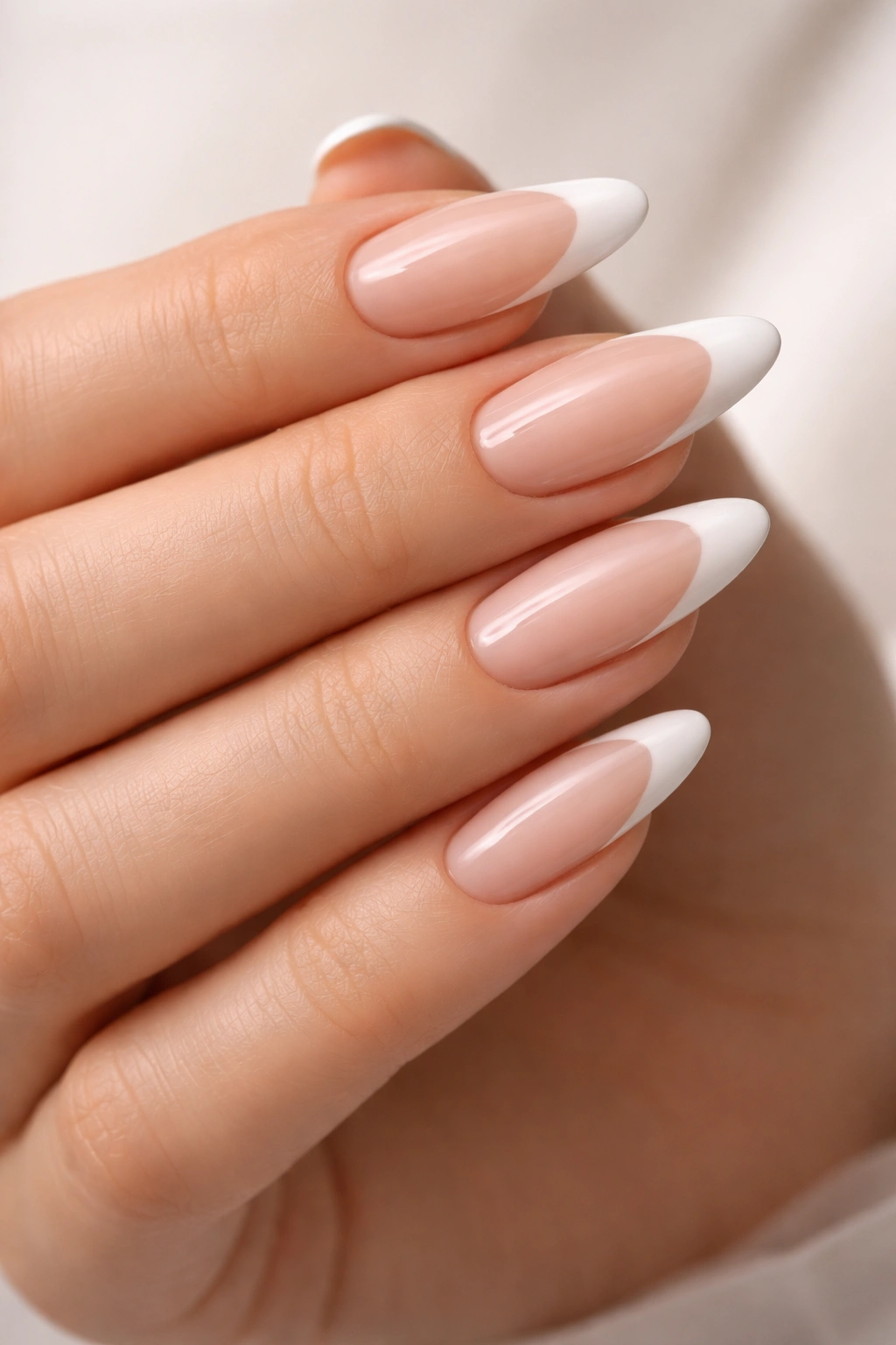 Close-up of almond nails with pink base and white tips