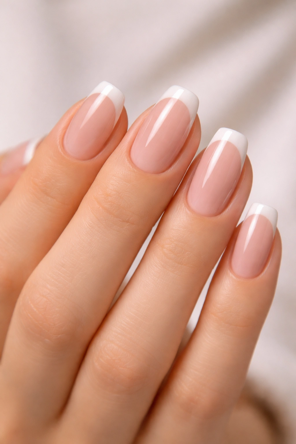 Hand with classic French manicure showing white tips and pink base