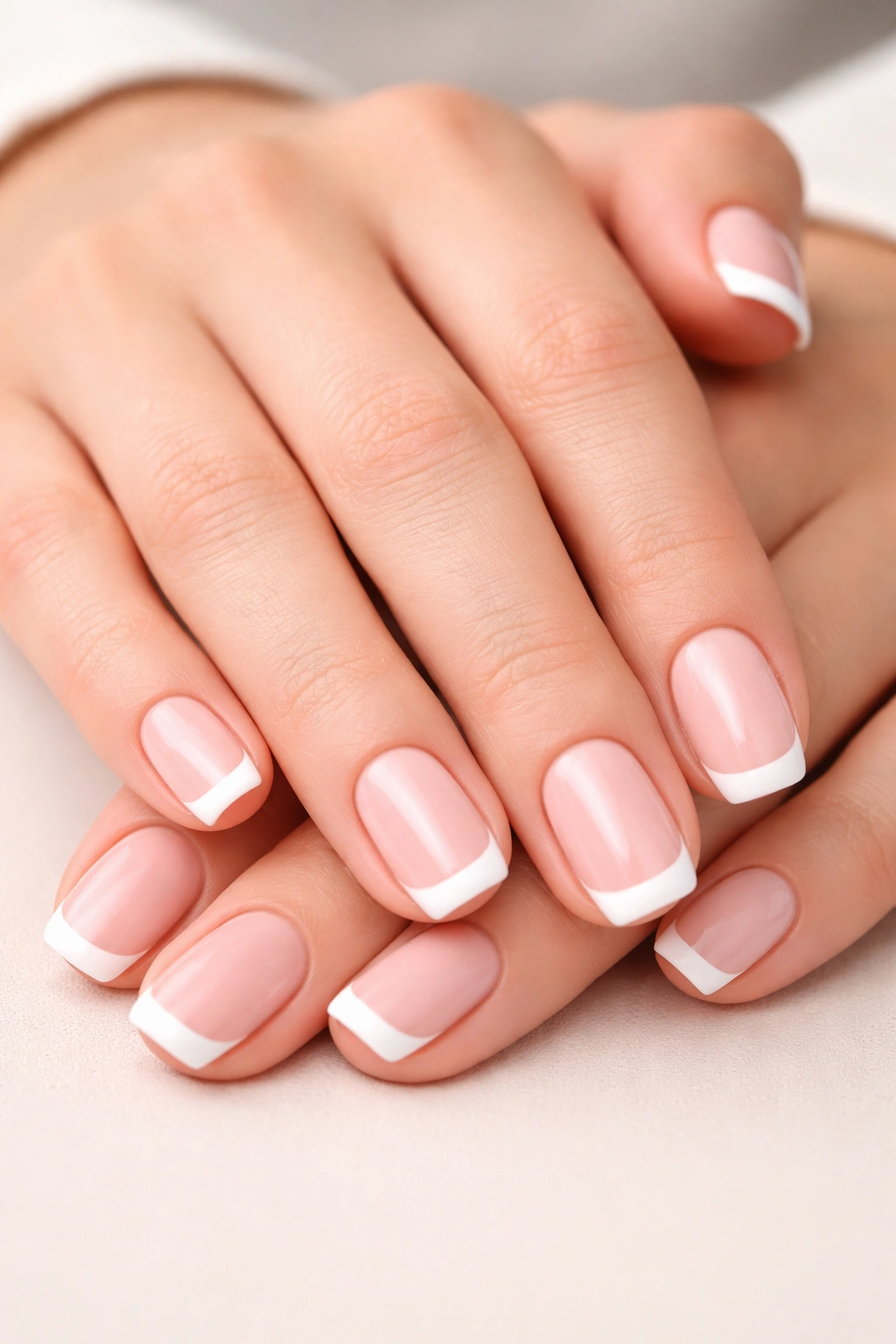 Close-up of hands showing a classic French manicure with sheer pink base and white tips