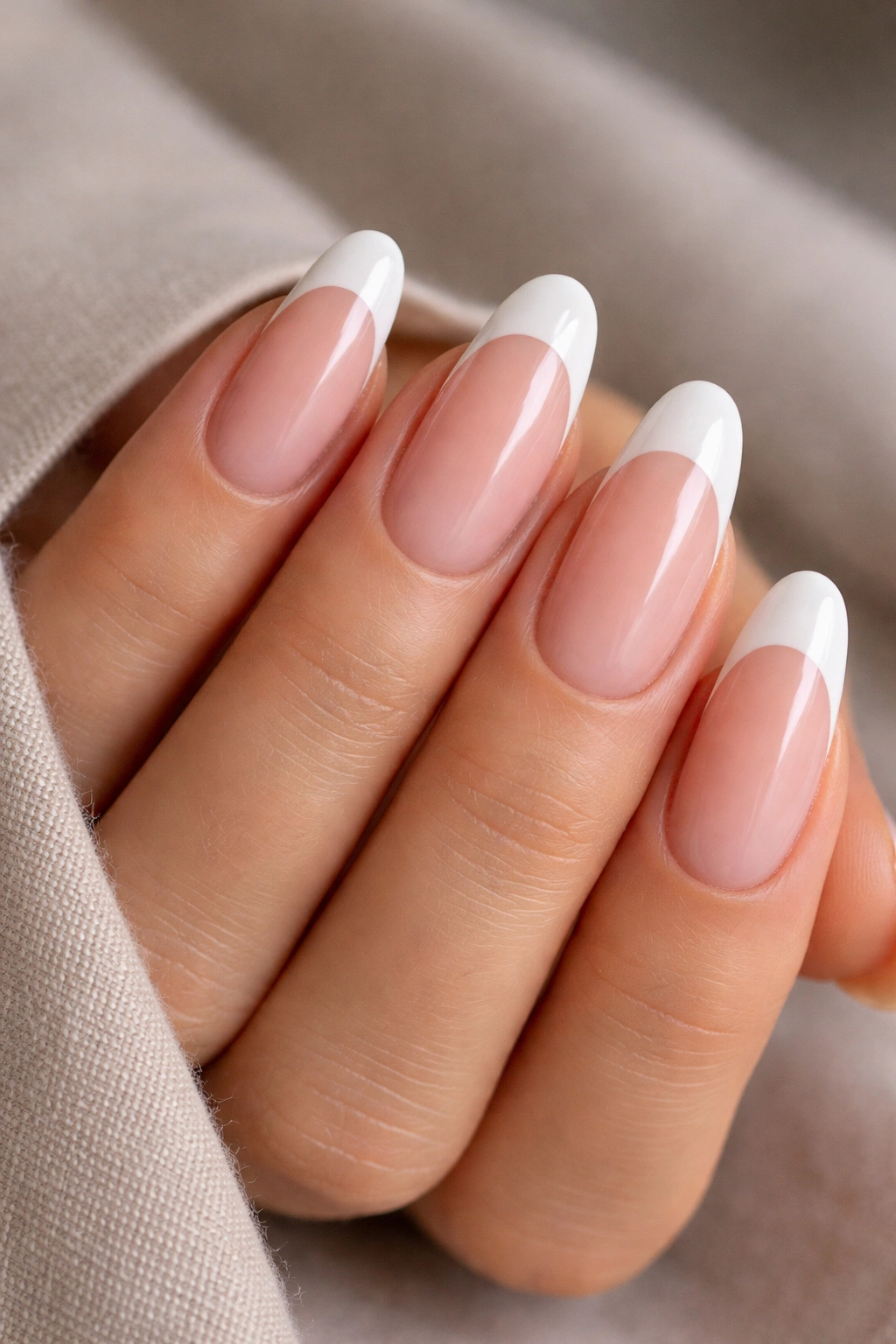 Long oval nails with classic French tips on a pink base.