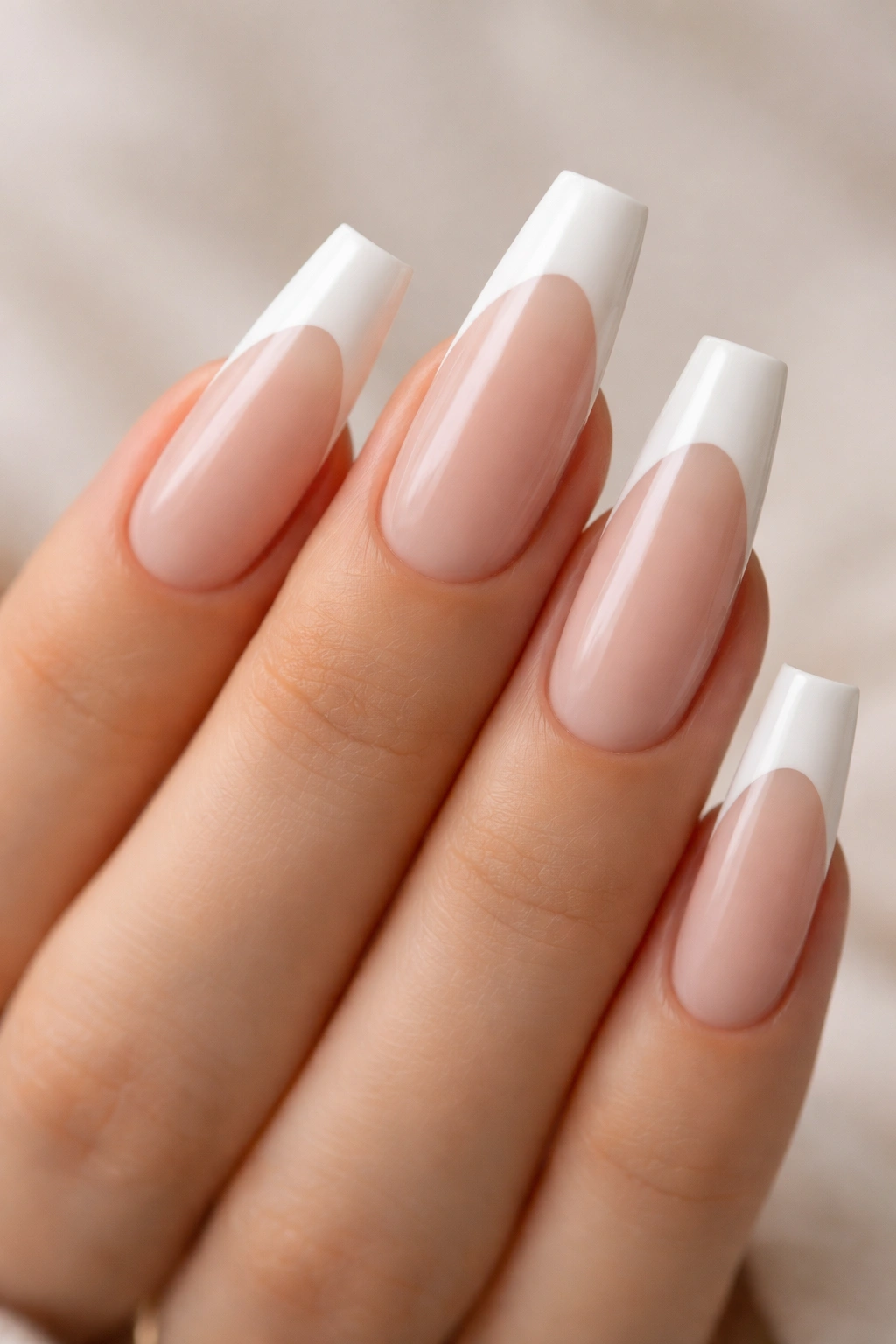 Close-up of long coffin nails with nude base and white French tips