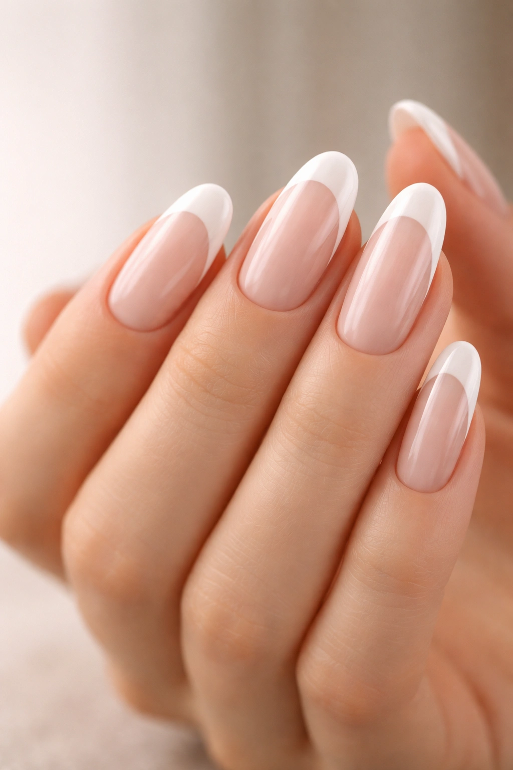 Close-up of classic French long oval nails with curved white tips