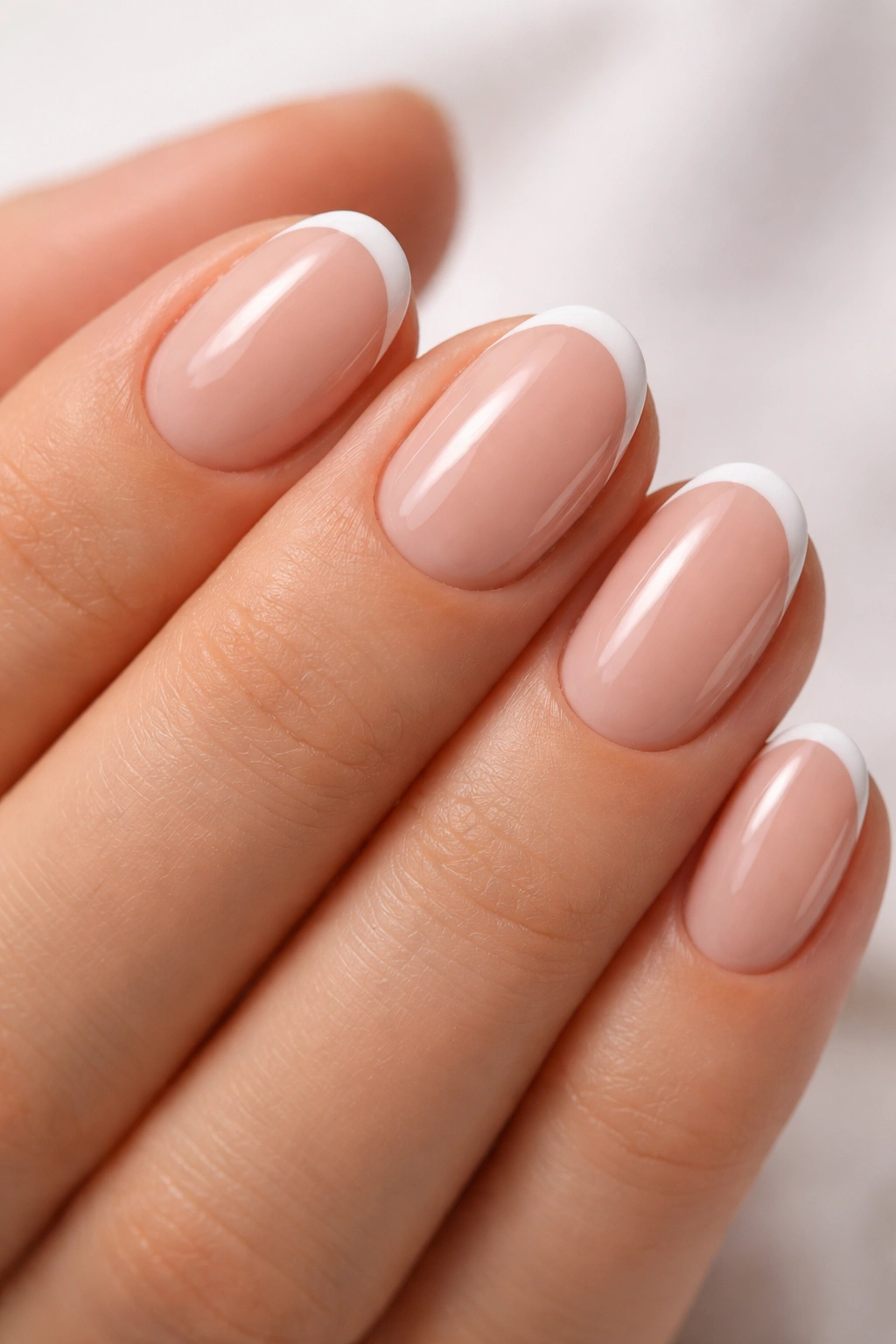 Close-up of classic French short oval acrylic nails with a thin white tip