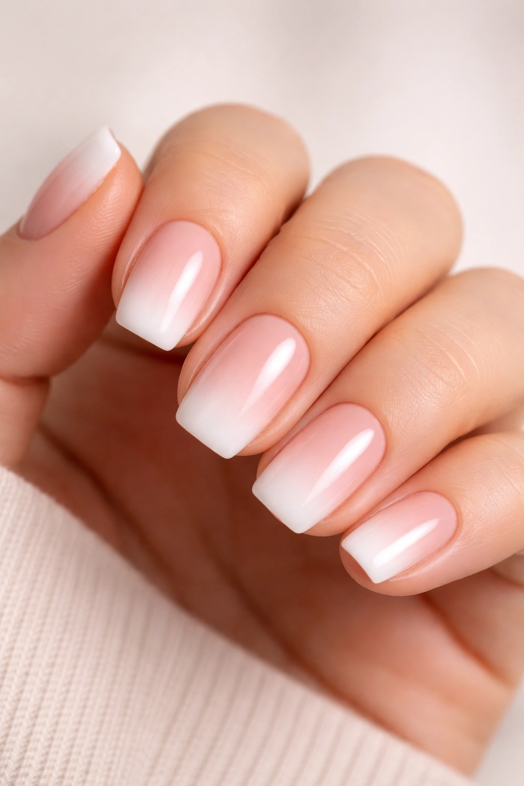 Close-up of short squoval nails with nude-to-white French ombre