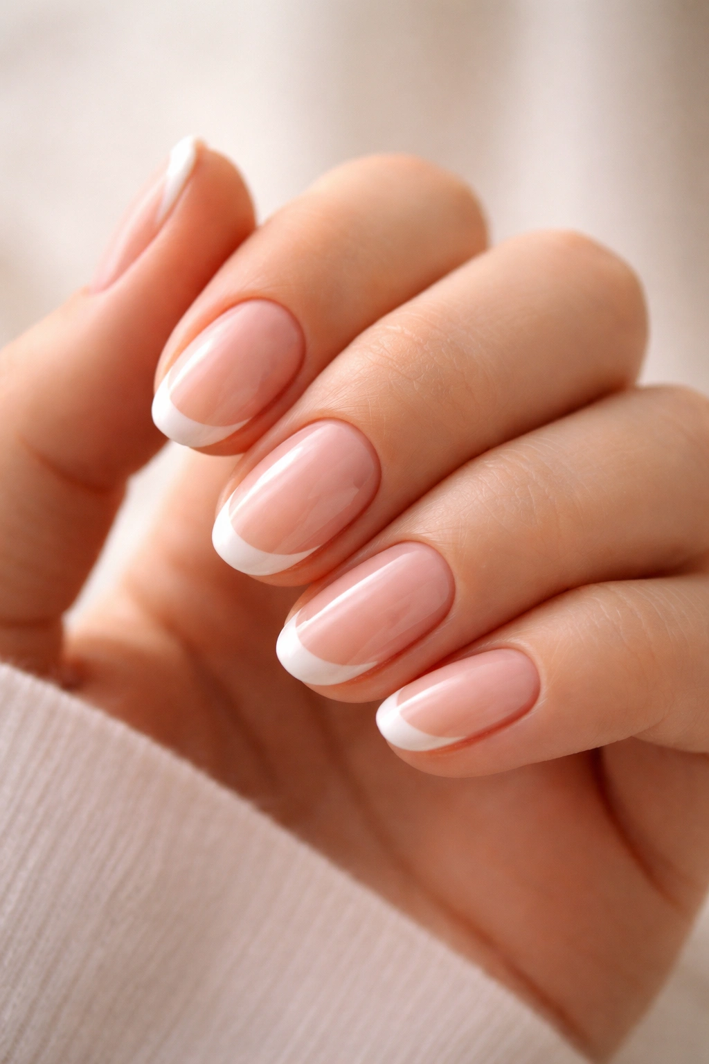 Close-up of short oval nails with a delicate white French tip on a sheer pink base