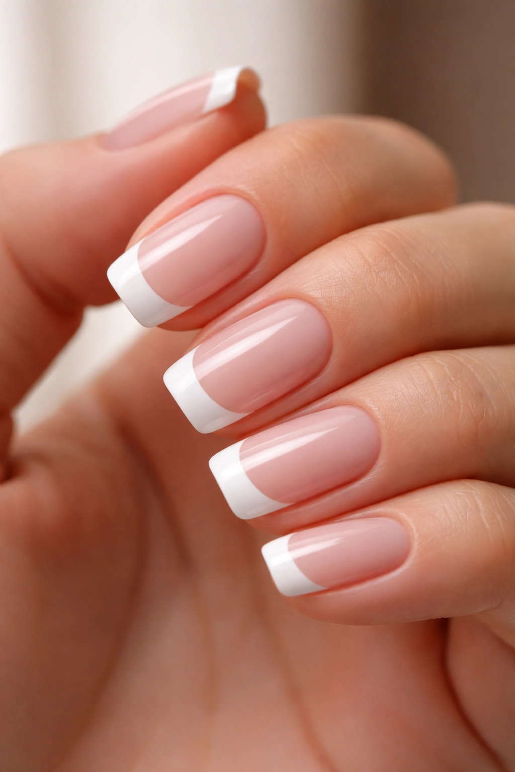 Close-up of short squoval nails with nude base and white tips in a professional studio setting
