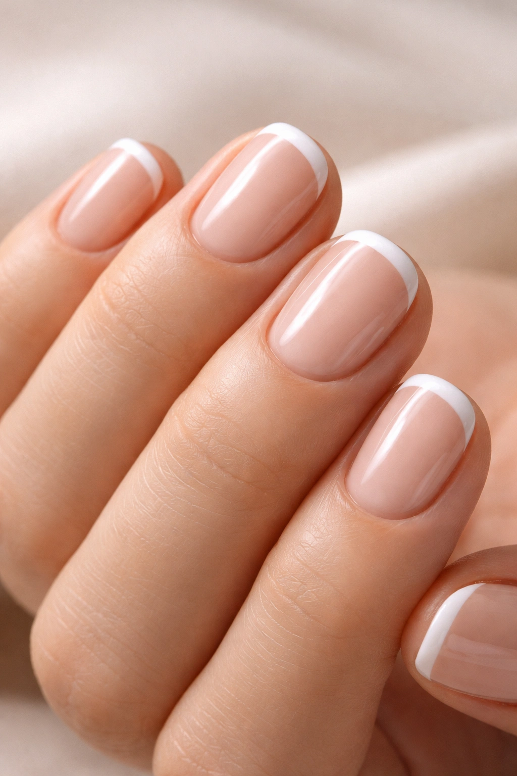 Close up of short nails with thin white French tips on nude base