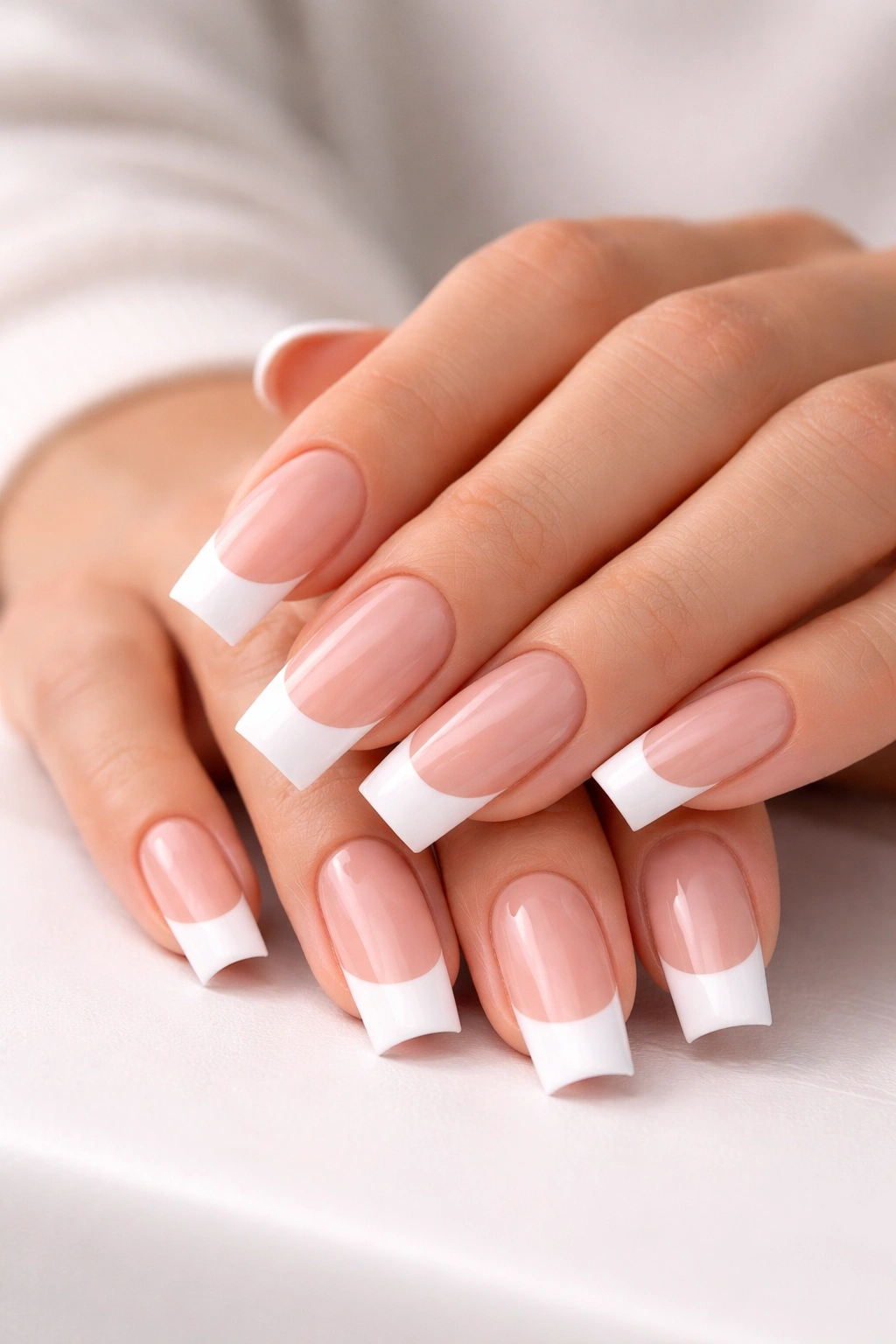 Close-up of nude acrylic nails with crisp white French tips