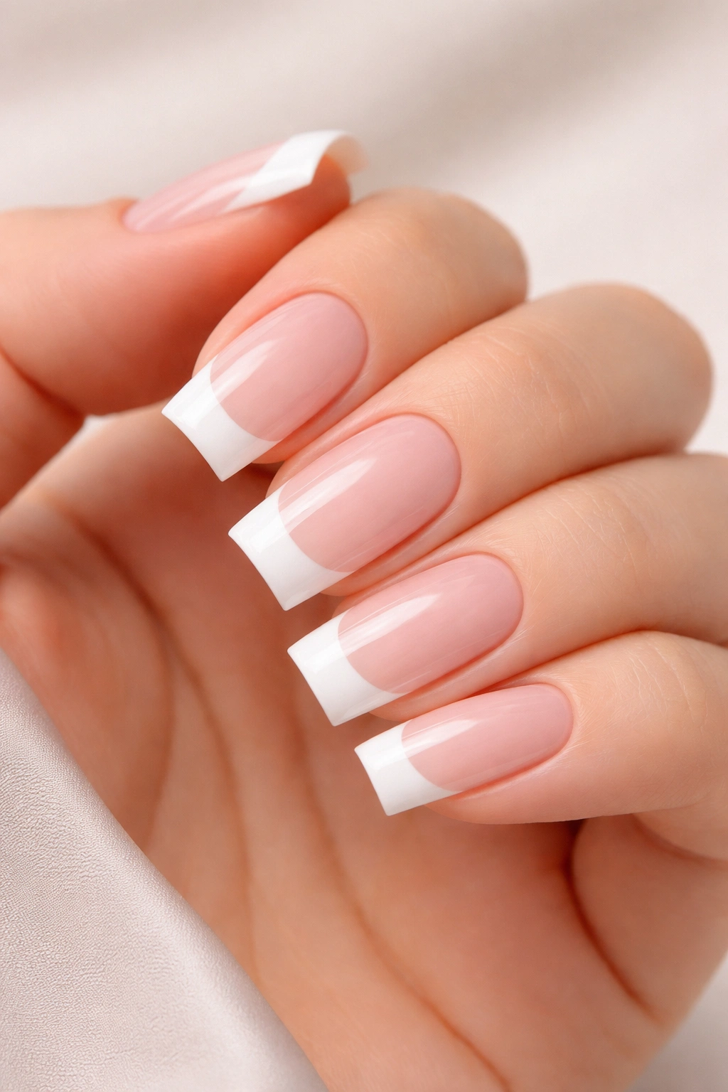 Close-up of classic white French tips on soft square nails with a nude base.