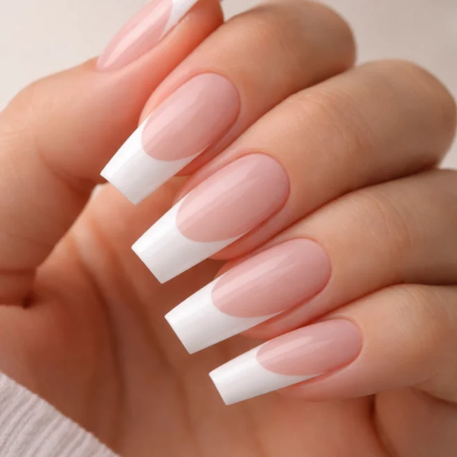 20 French Tip Coffin Nails for Medium Nails