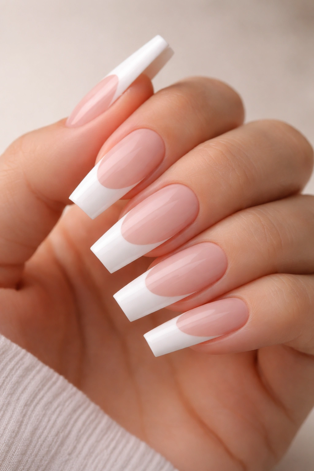 Close-up of classic white-and-nude French tips on medium coffin nails with a nude base