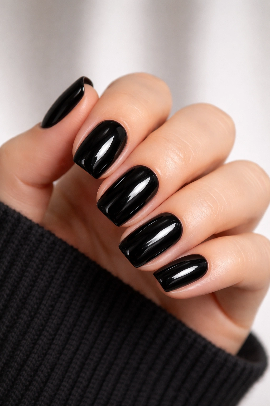 Close-up of short to medium nails with glossy black manicure