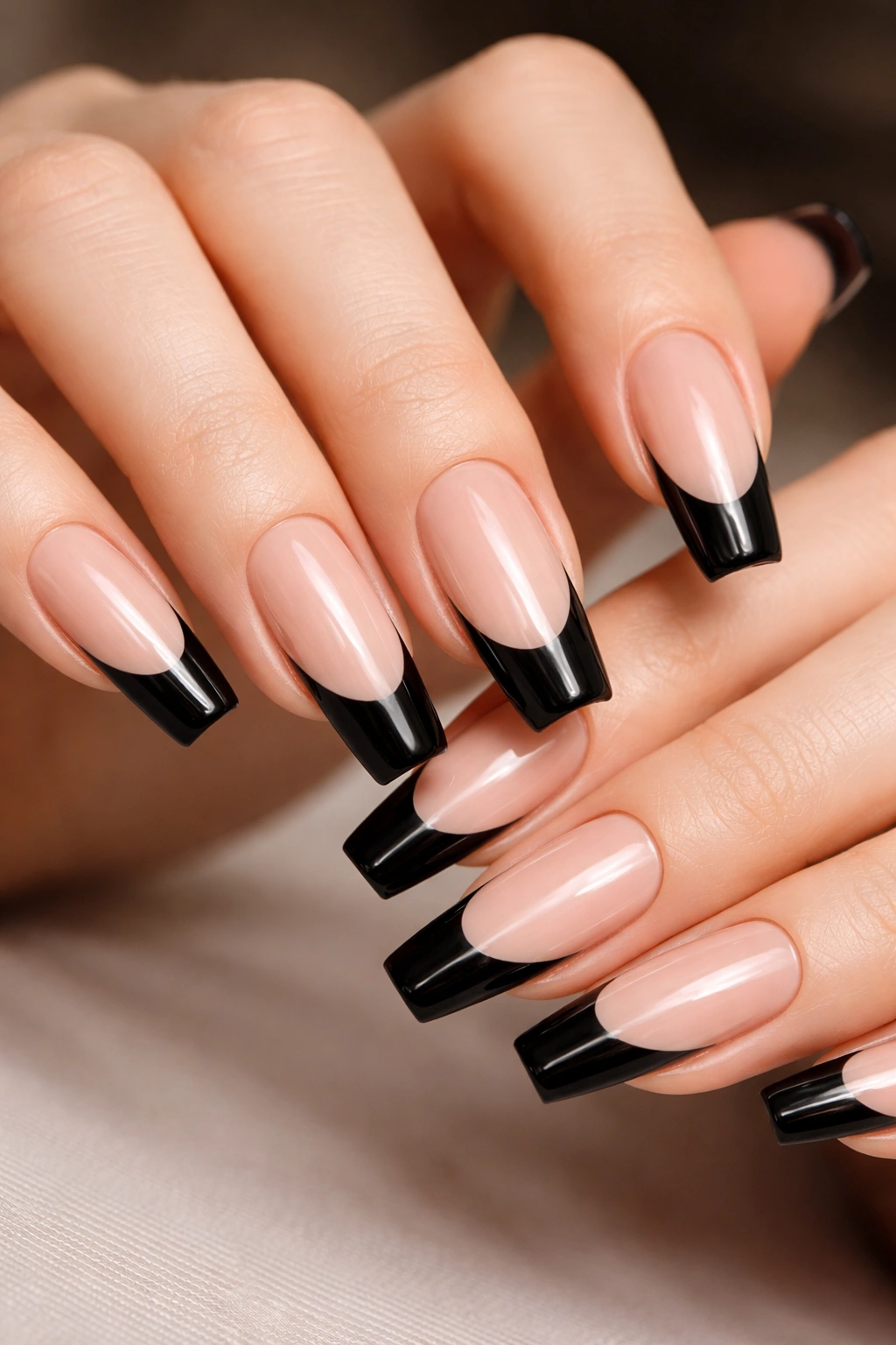 Nude base nails with glossy black French tips and sharp smile line.