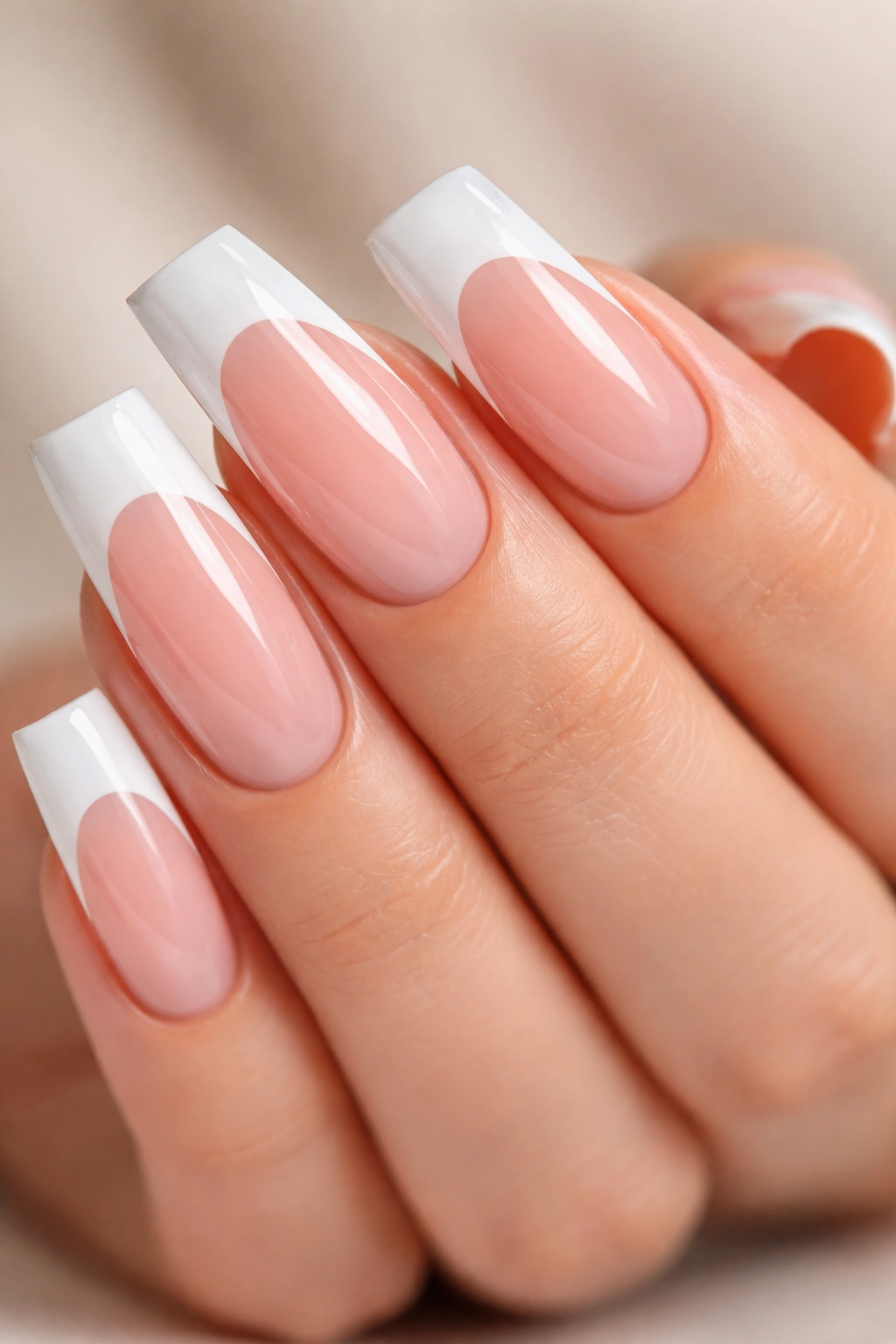 Close-up of classic glossy duck nails with nude base and white tips