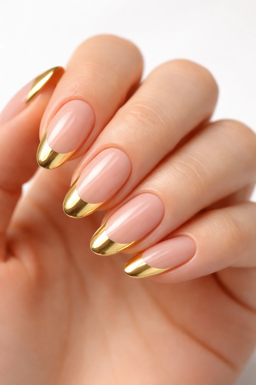 Close-up of almond nails with nude base and gold tips in a classic French manicure