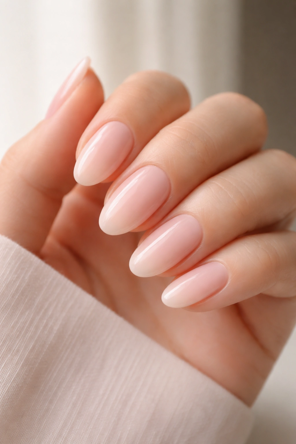 Close-up of classic milky pink almond nails with no decorations