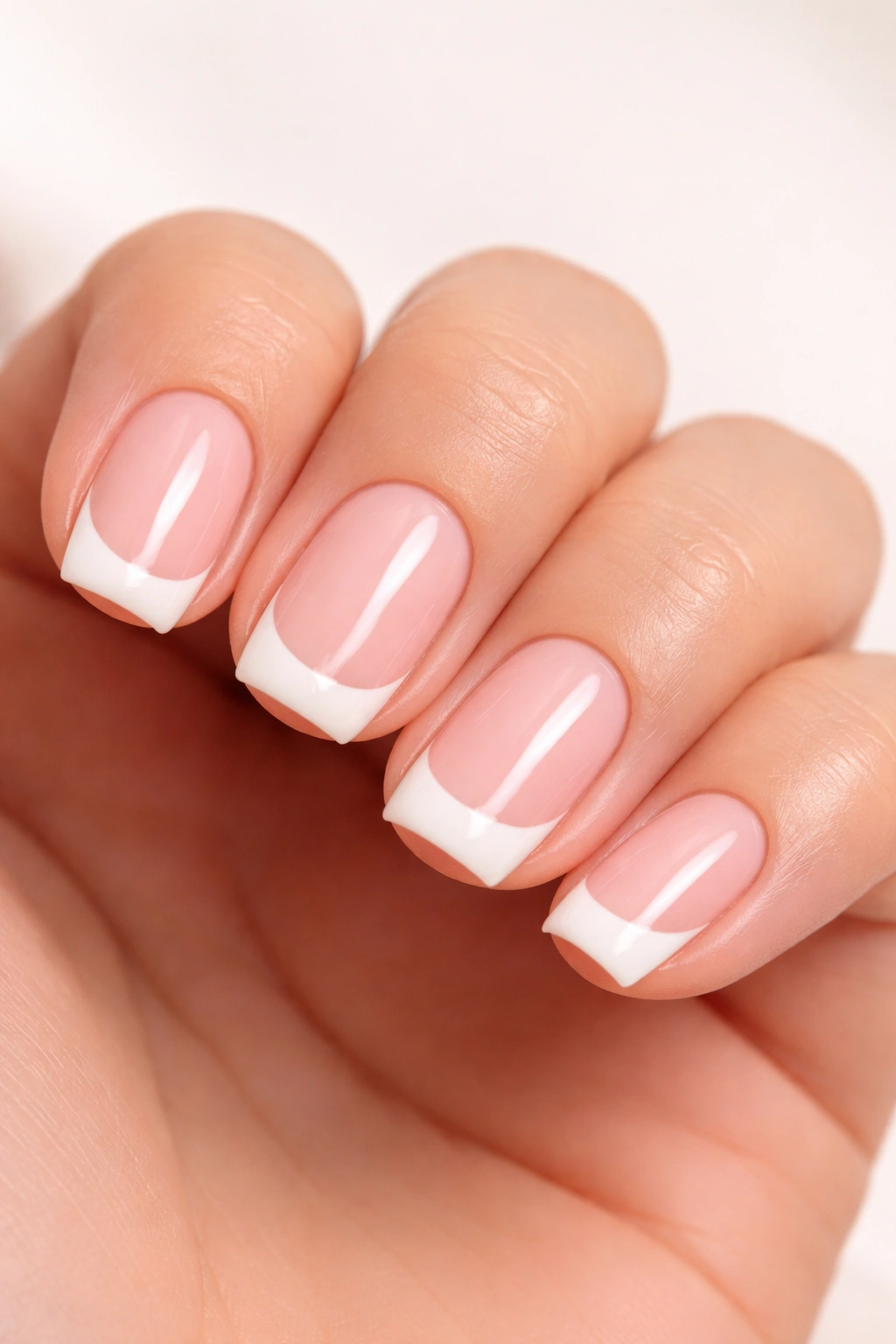 Close-up of short squoval nails with white tips on pale pink base