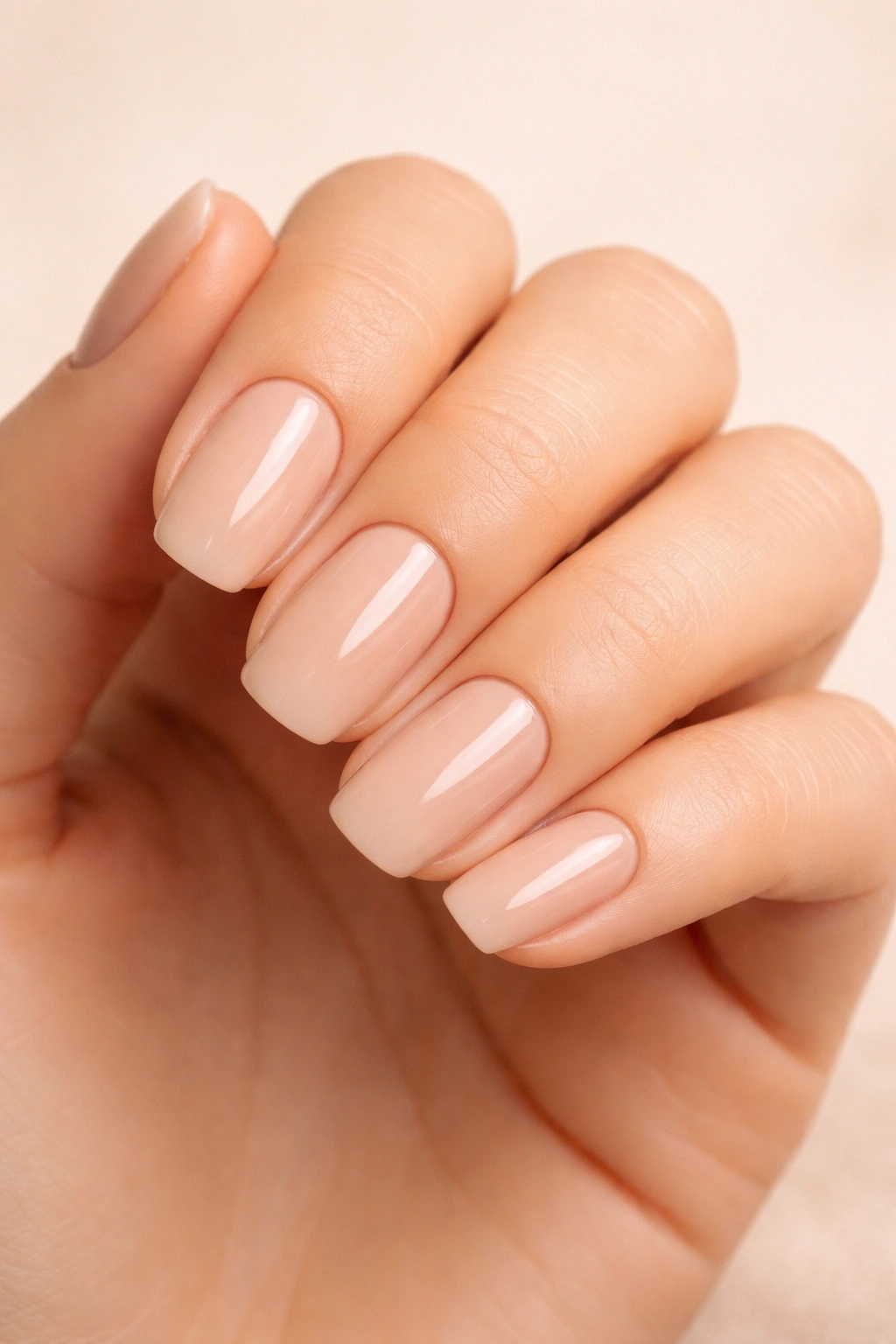 Close-up of hands with Classic Nude Beige nails near natural nail bed