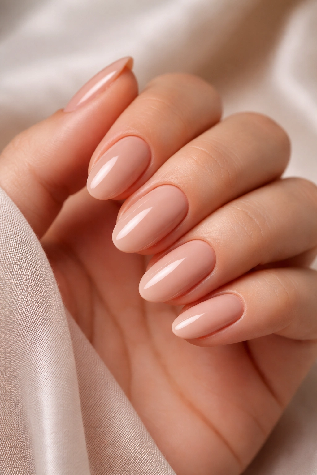 Close-up of nude almond nails with glossy finish