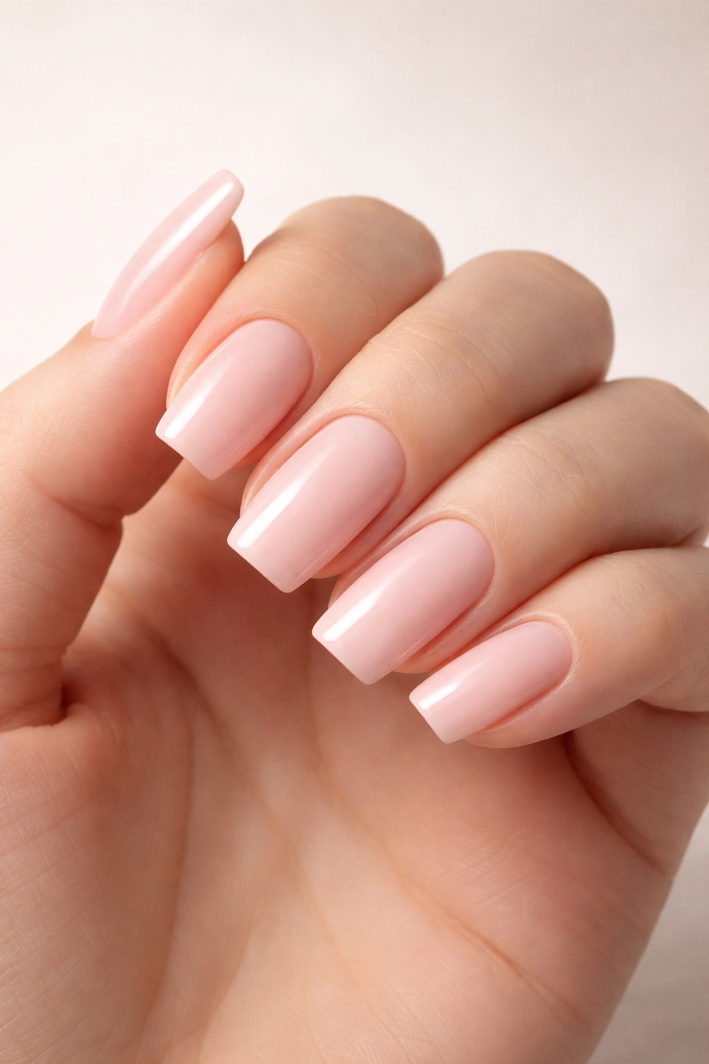 Close-up of hands displaying classic pale pink square nails
