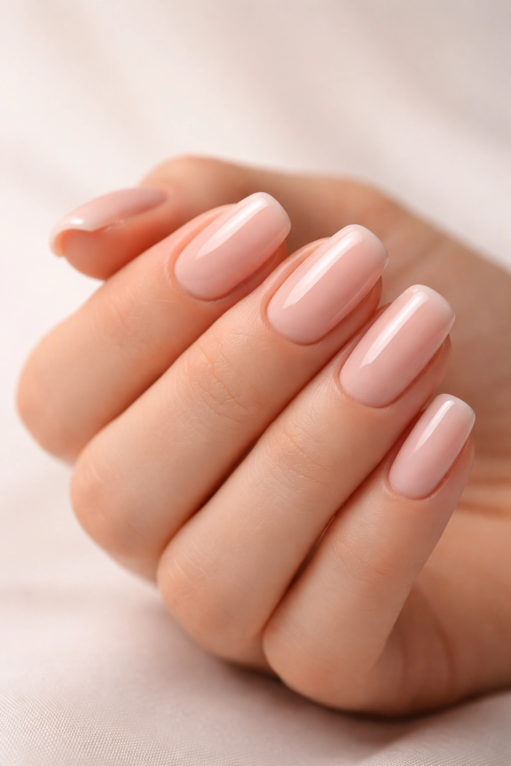 Close-up of a hand with a classic nude-pink polished manicure, neat and even.