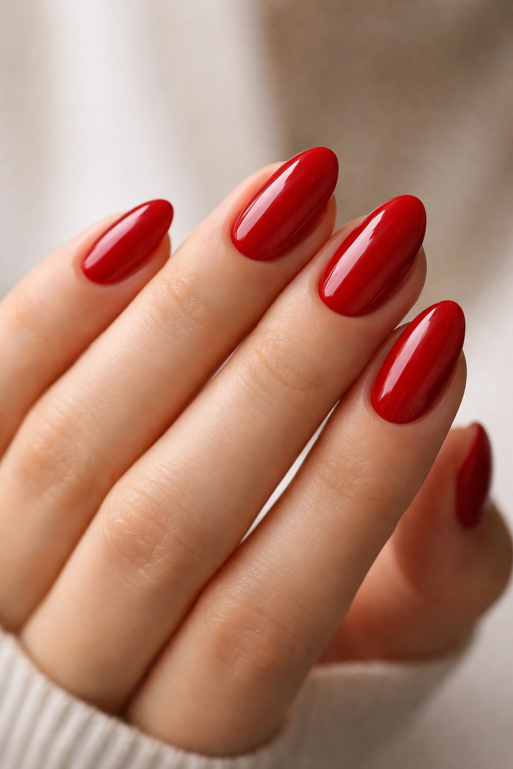 Close-up of short almond nails with glossy true red polish