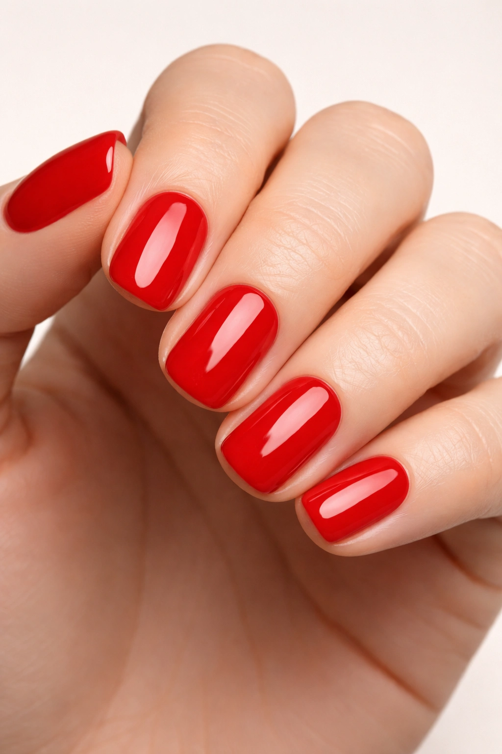 Close-up of short squoval nails painted in pure glossy red cream on a hand