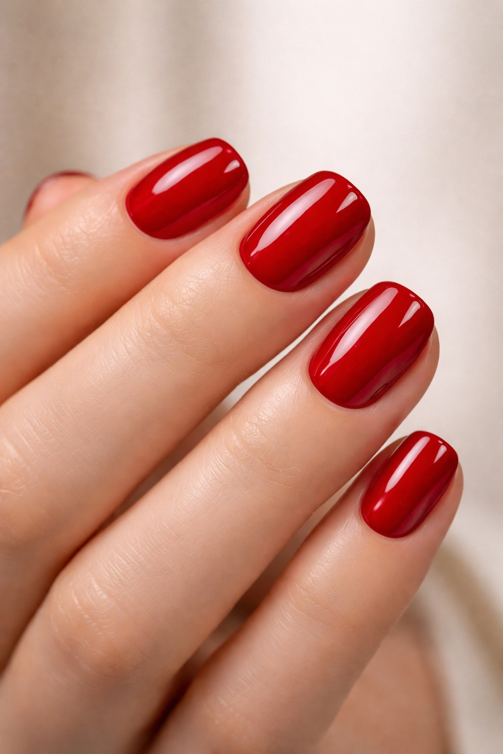 Close-up of a hand with glossy cherry-red short nails
