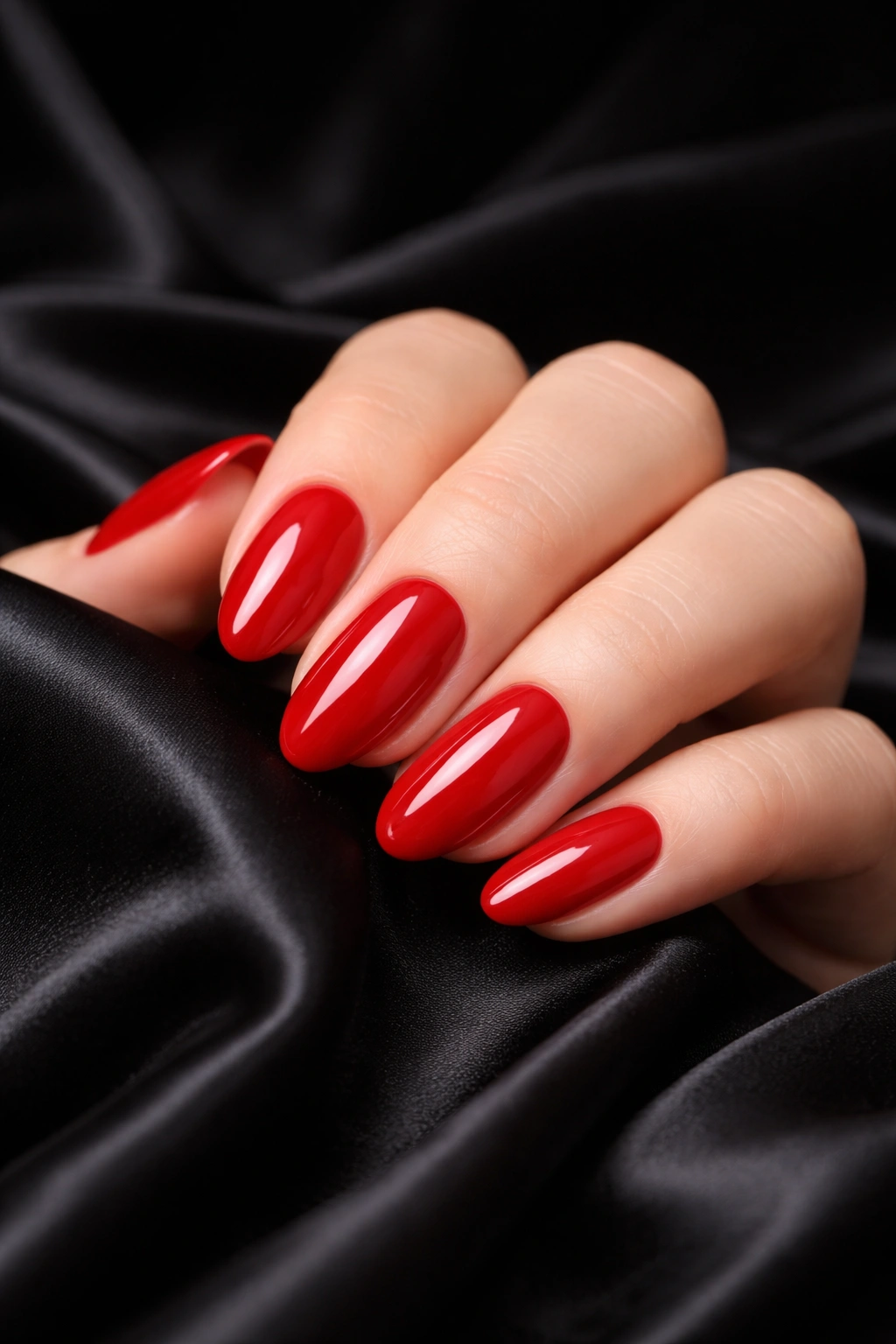 Close-up of hand with Classic Red Manicure on black satin backdrop