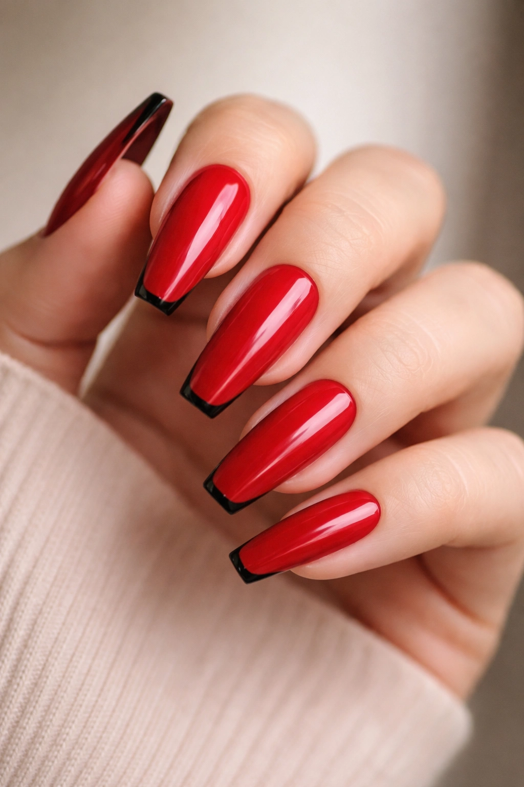 Classic red coffin nails with a subtle black tip definition