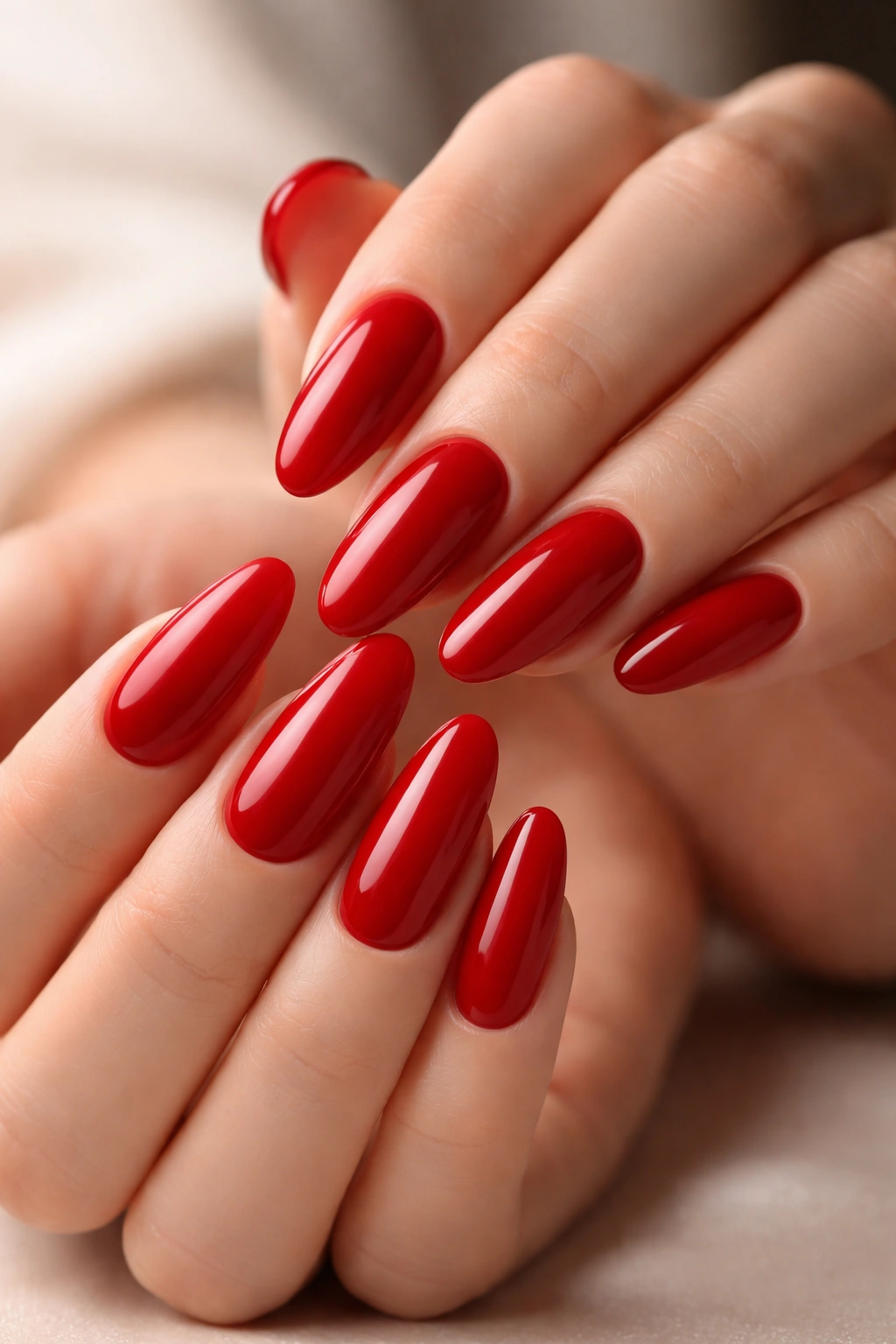 Close-up of long oval nails in warm red with a glossy finish on a neutral background