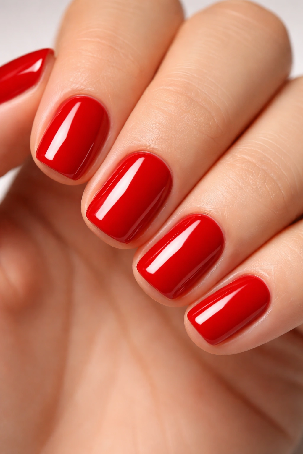 Close-up of short squoval nails in glossy classic red
