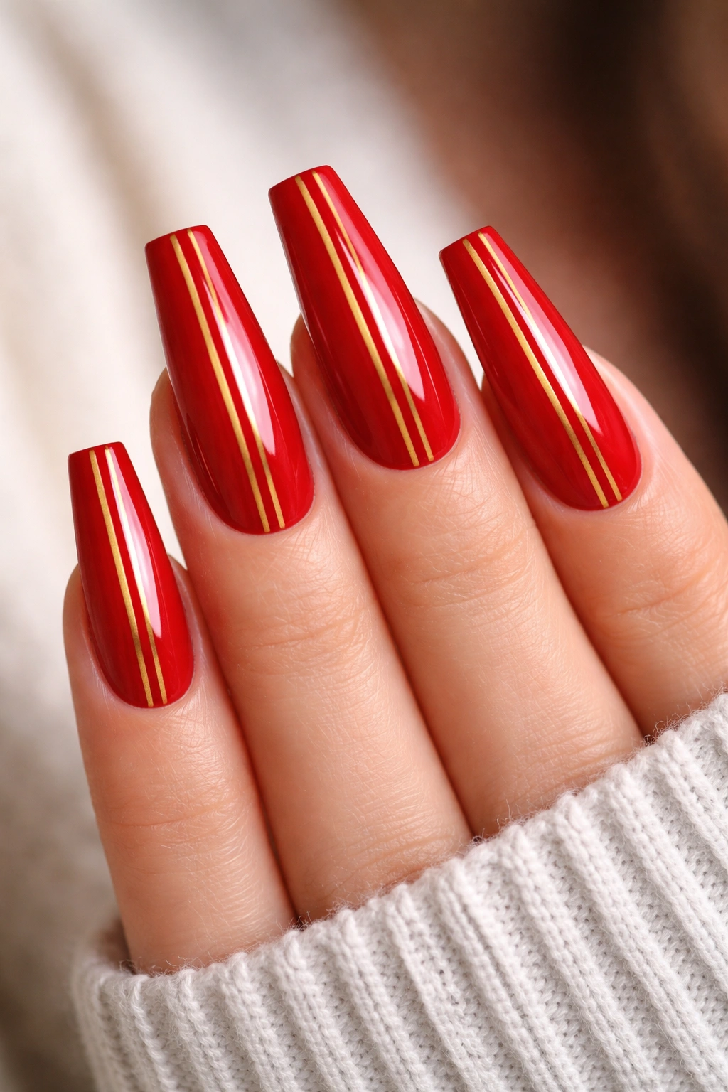 Coffin nails red with symmetrical gold stripes