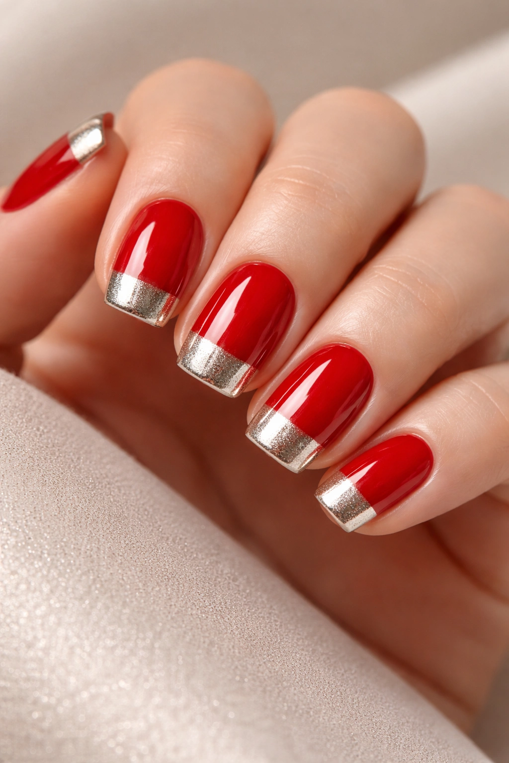 Close-up of short squoval nails with red base and metallic gold or silver tips.