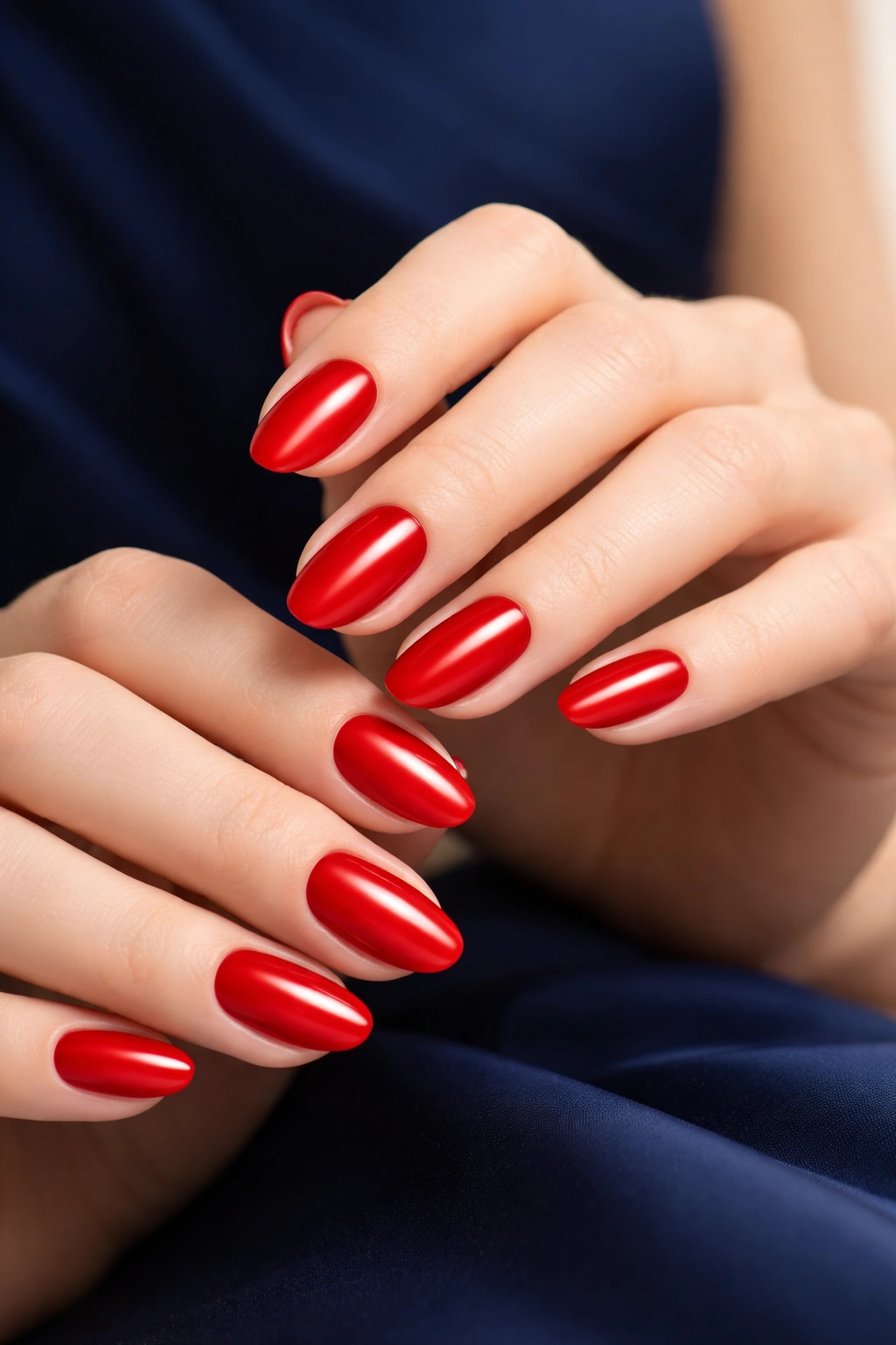 Close-up of glossy red nails against a navy backdrop highlighting classic red manicure