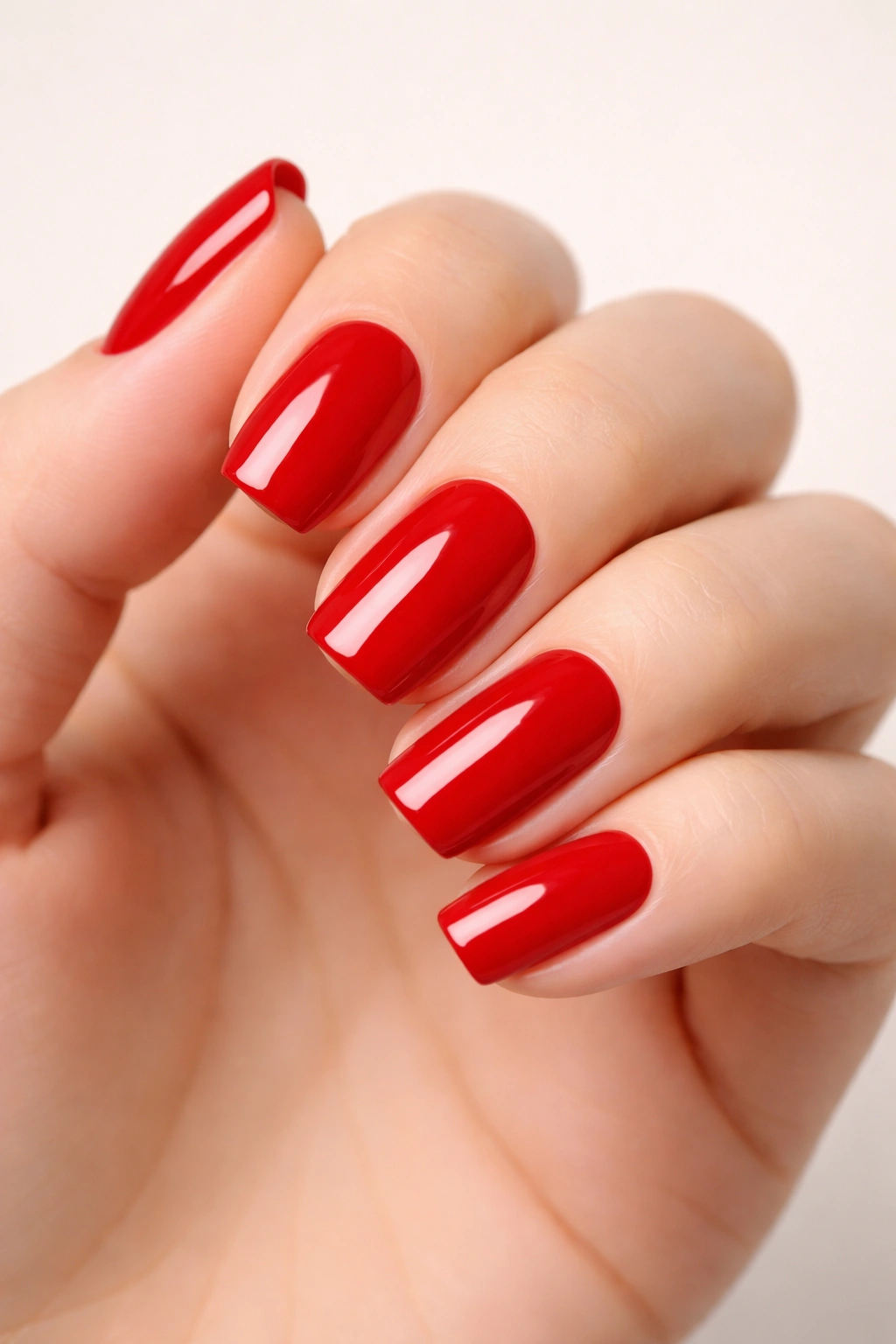 Close-up of classic red nails on a manicured hand against a plain background