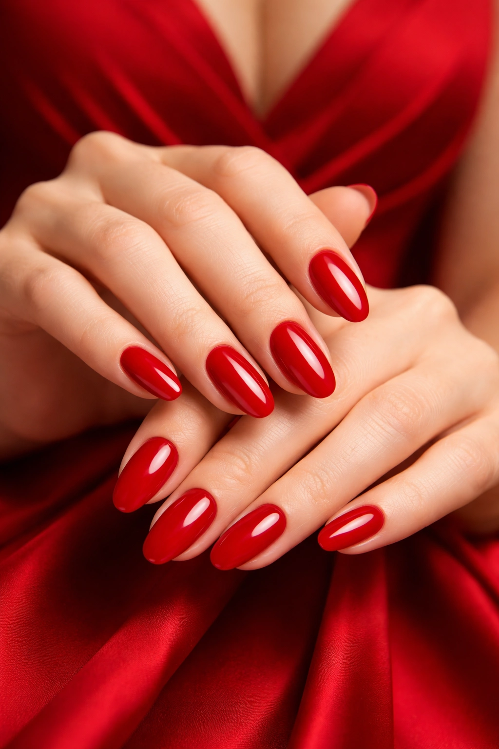 Close-up of hands with matchy red nails and red dress backdrop